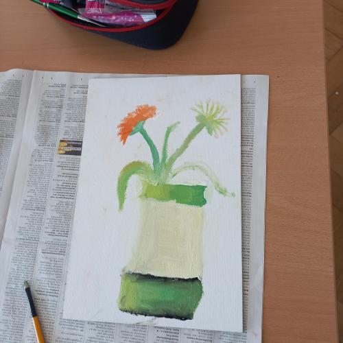 Unter Anleitung malten die Schüler*innen der 3a ein Blumenstillleben mit Ölfarben auf Malkarton und sammelten Erfahrungen mit der besonderen Textur dieser Farben.